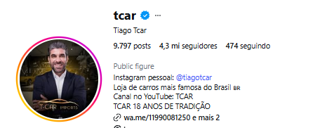 Perfil @tcar — Tiago Tcar, maior loja de carros do Brasil
